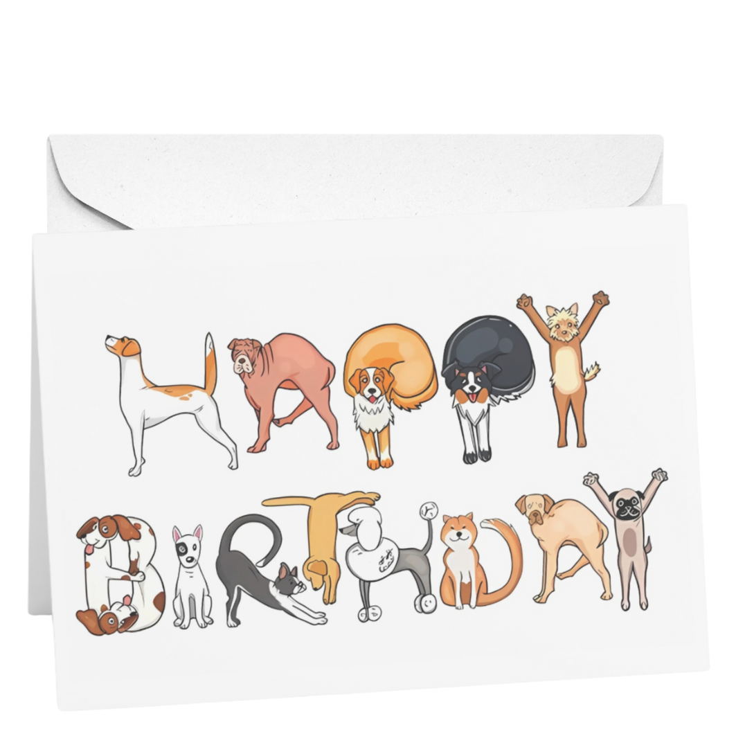 Greeting card with cartoon animals forming the word 'Bed' on a white background