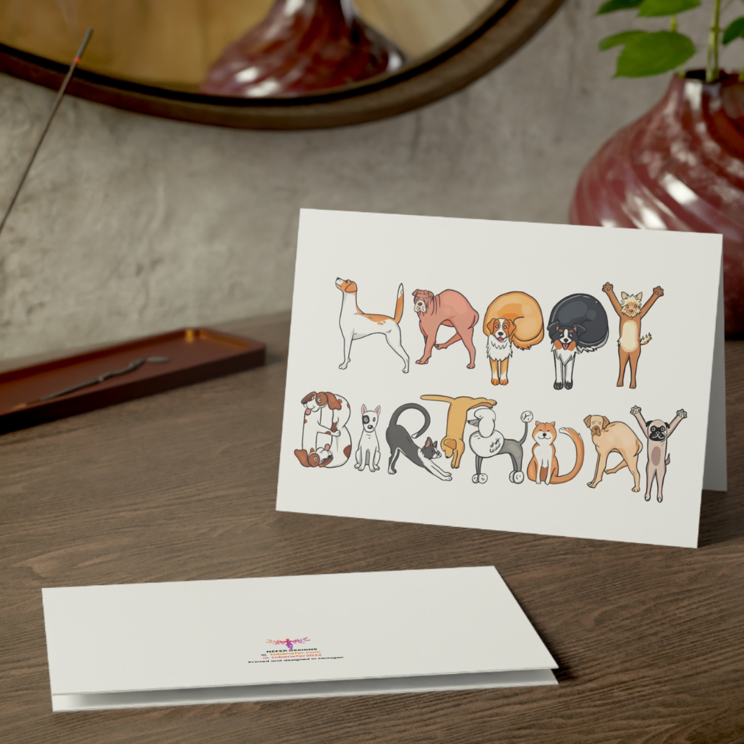 Greeting card with animal illustrations on a wooden surface