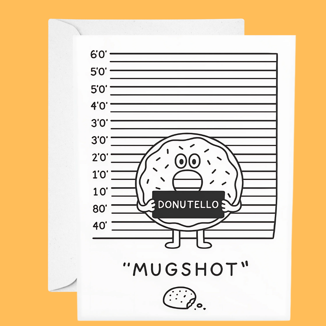 Mugshot-style card with a donut character on a yellow background