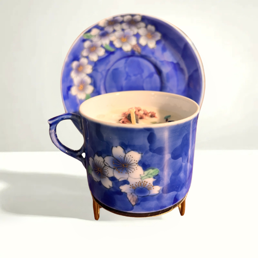 1950s Fukagawa teacup candle - Japanese imperial porcelain with gold sakura, black raspberry vanilla scented