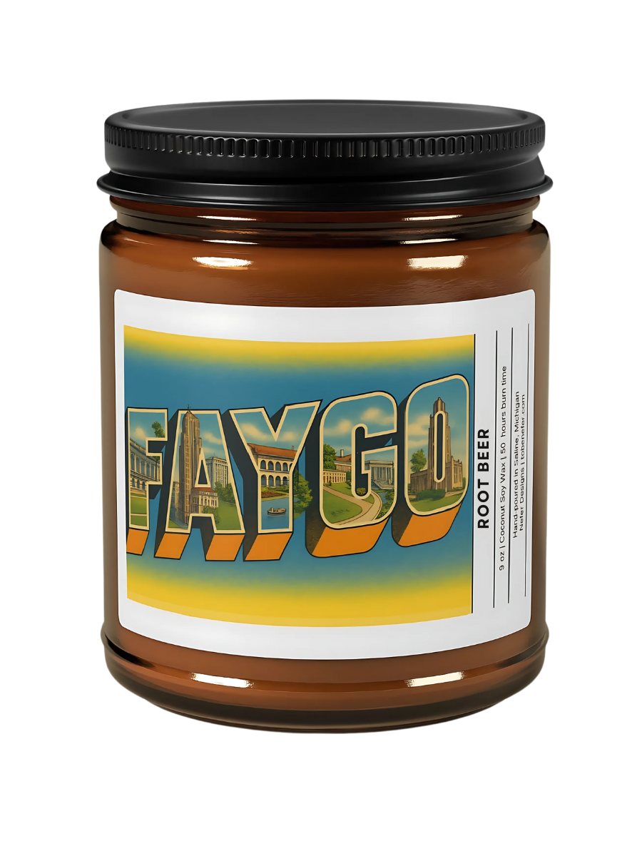 Faygo root beer jar with colorful label on a white background
