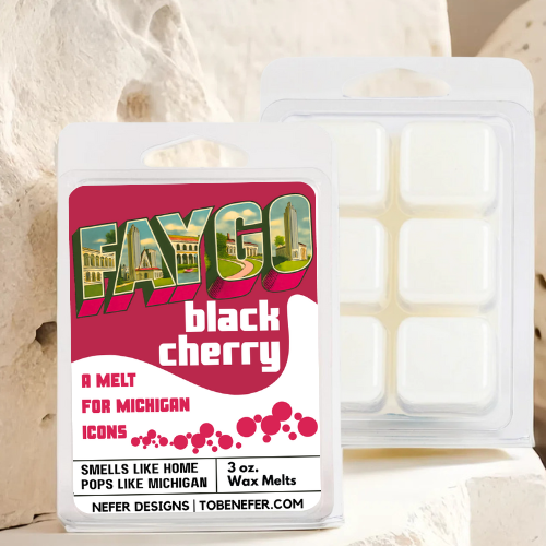 Faygo black cherry wax melt packaging with product inside on a neutral background