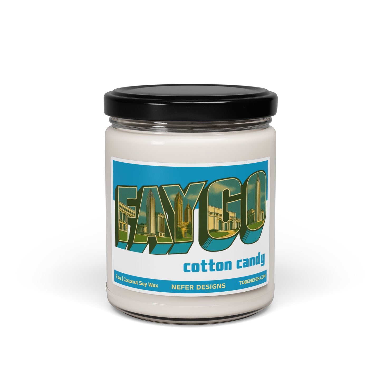 Jar of cotton candy scented candle with 'Faygo' branding on a white background