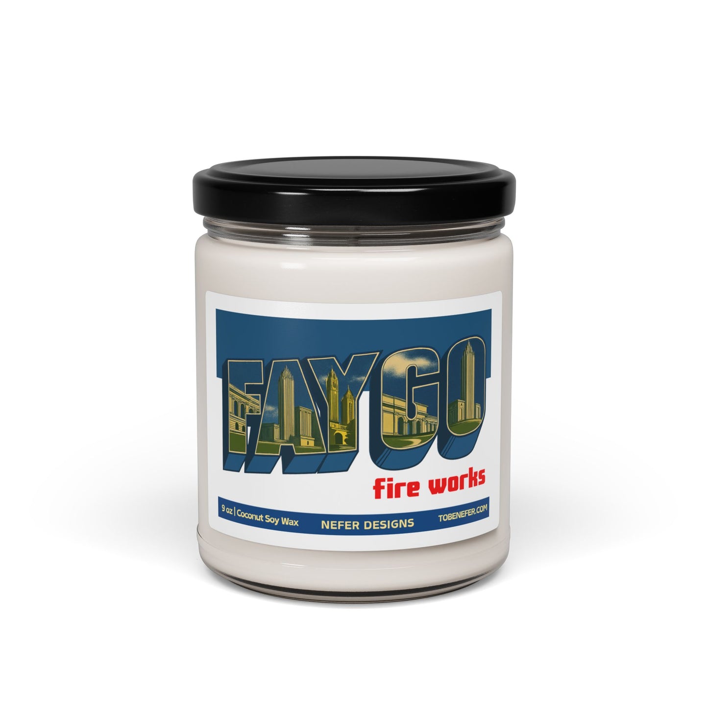 Jar of 'FAYGO Fire Works' candle with a label featuring the FAYGO logo on a white background.