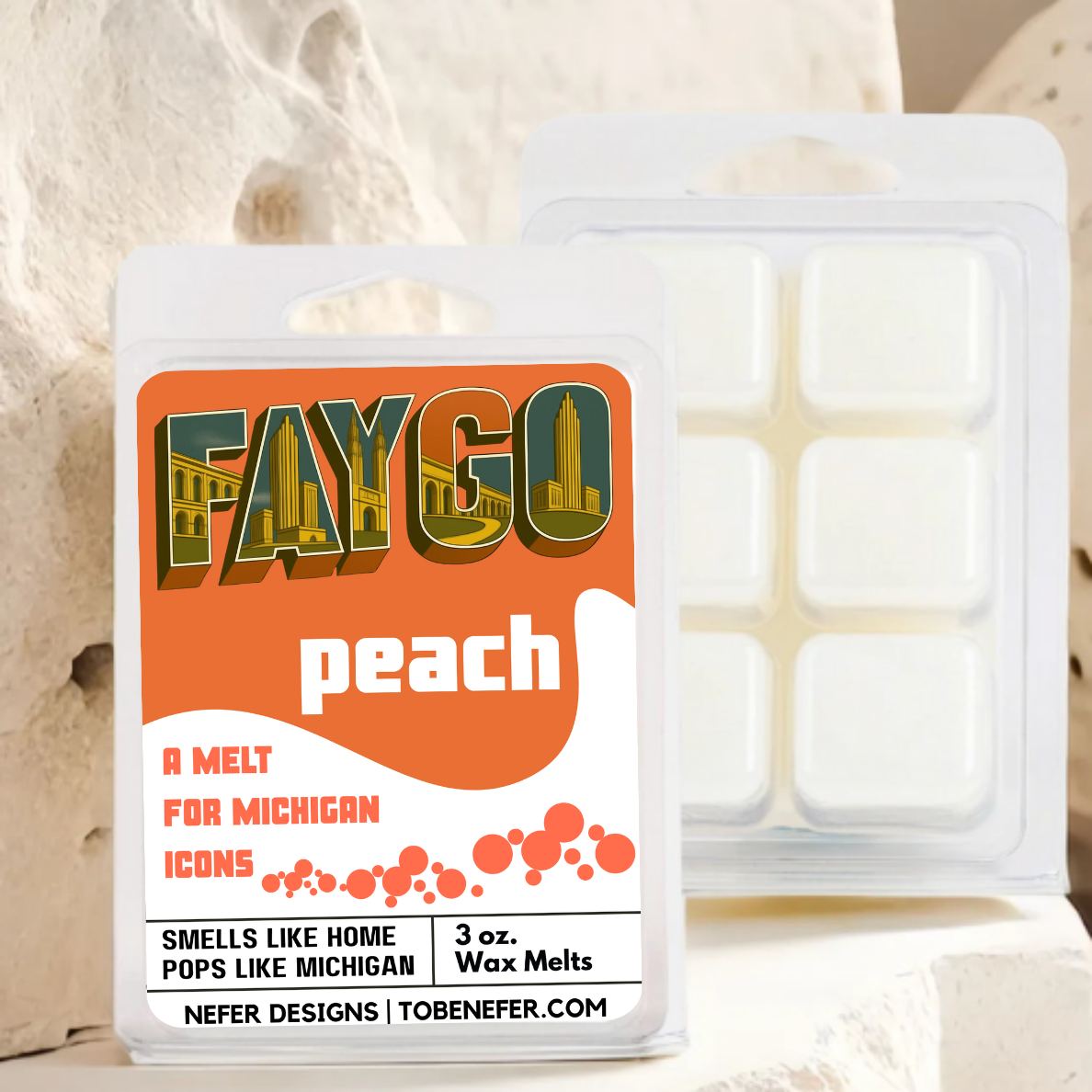 Faygo peach wax melt packaging with branding and product details.