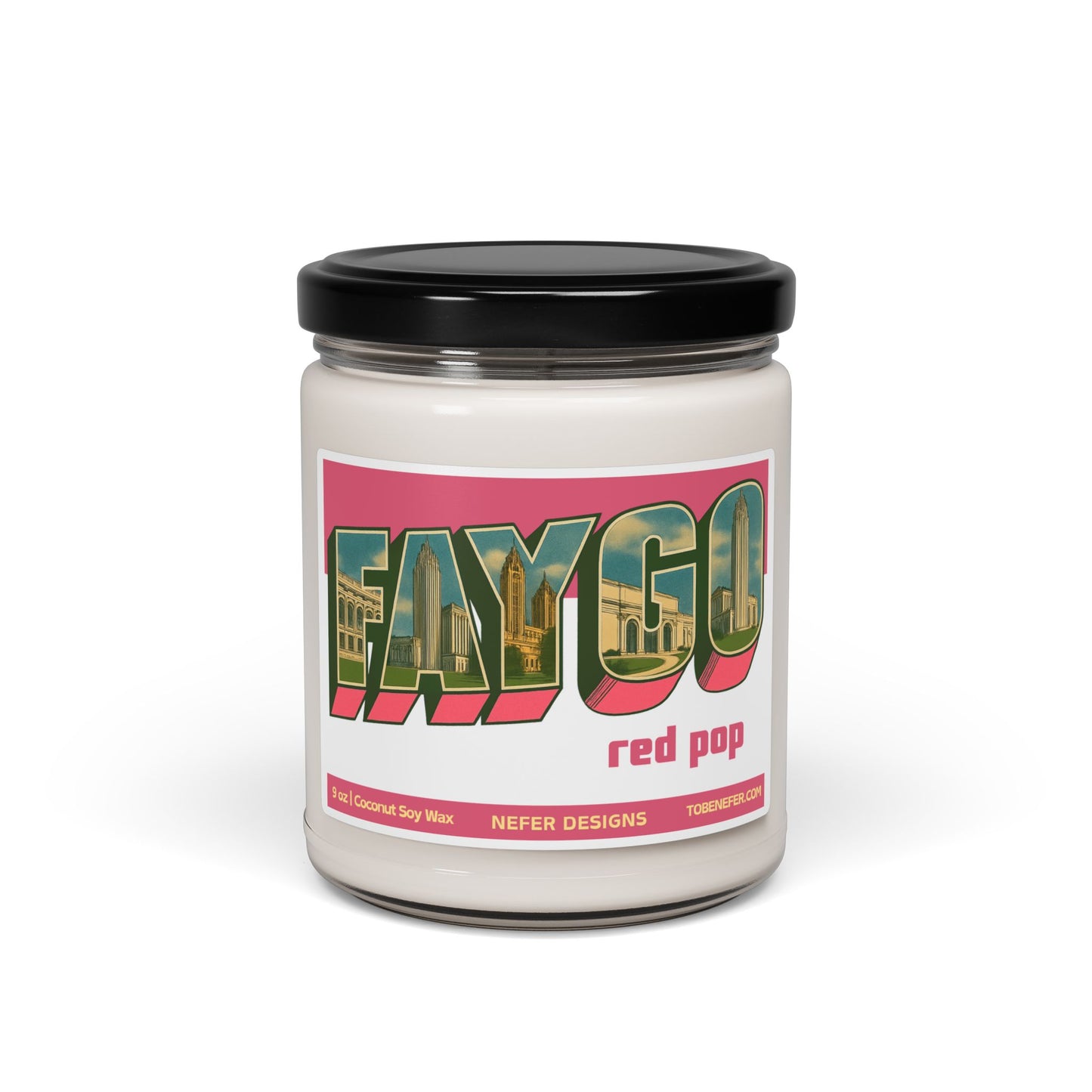 Candle jar with 'Faygo red pop' label on a white background