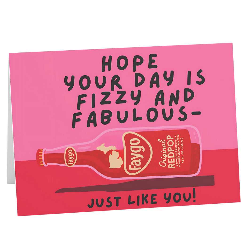 Card with Faygo Red Pop bottle illustration and text on pink background