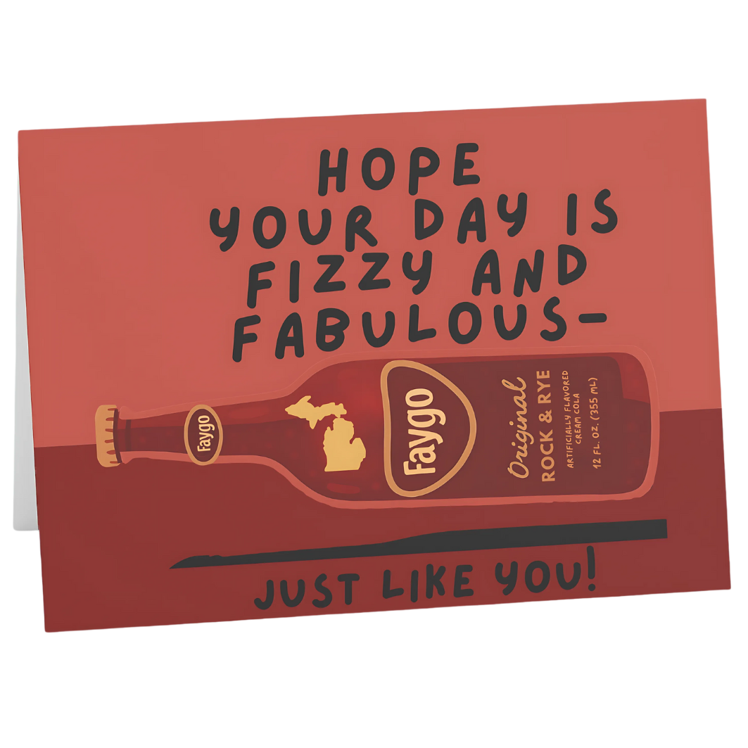 Card with Faygo soda bottle graphic and text on a red background