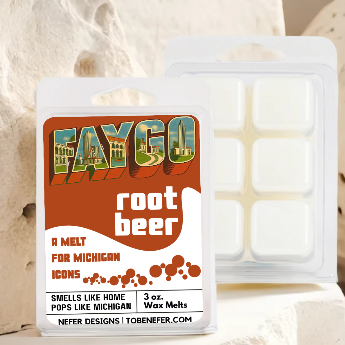 Wax melt packaging with Faygo root beer label on a neutral background