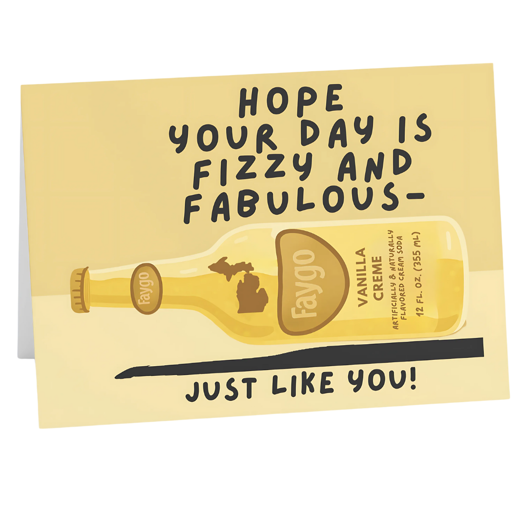 Greeting card with a vanilla cream soda bottle illustration and text on a yellow background