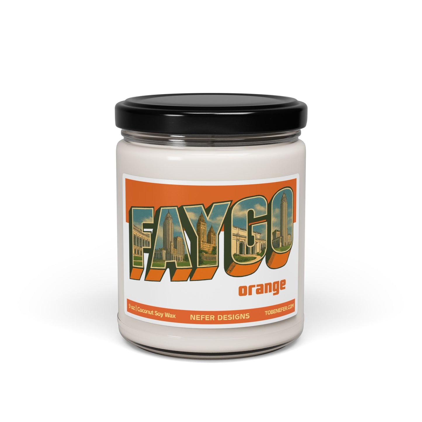 Candle jar with 'FAYGO orange' label on a white background