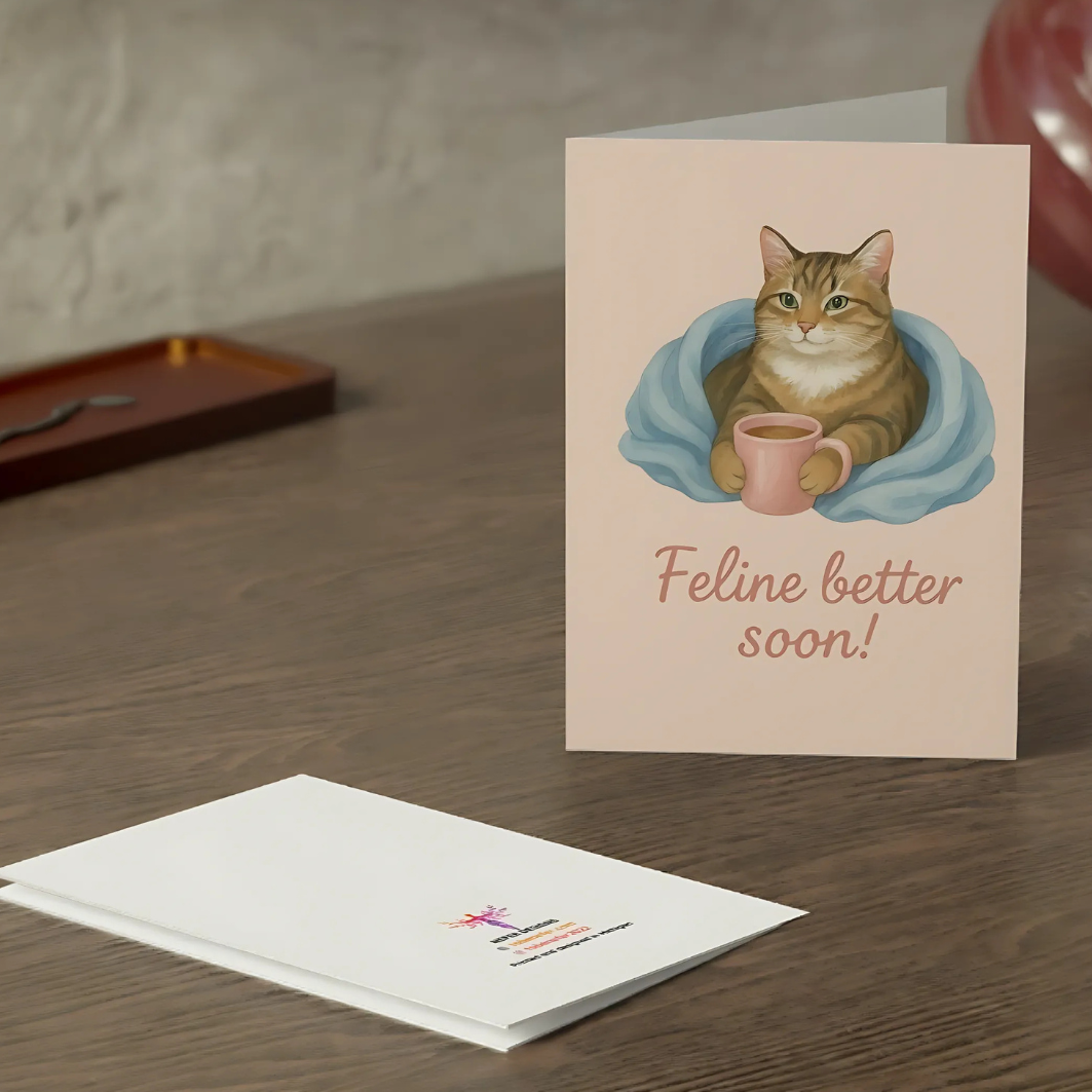 Greeting card with a cat illustration and 'Feline better soon!' text on the card and placed on a wooden desk.