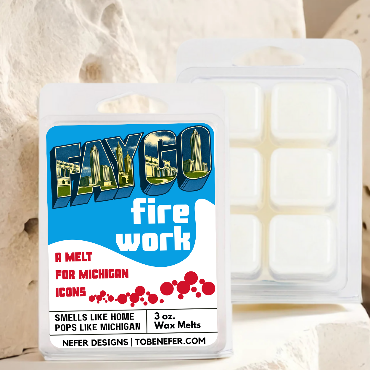 Wax melt packaging with 'Faygo Firework' label on a light background