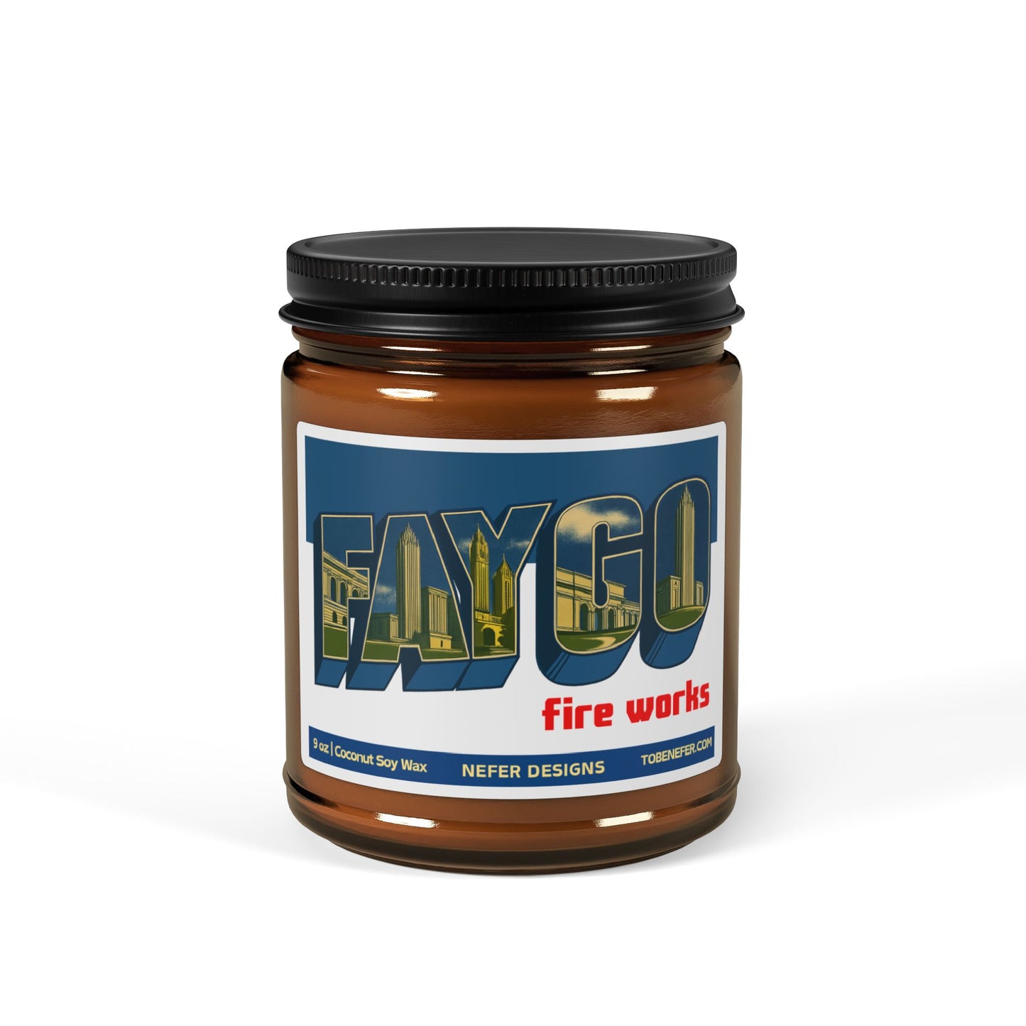 Candle jar with a label featuring 'Faygo' and 'Fireworks' on a white background