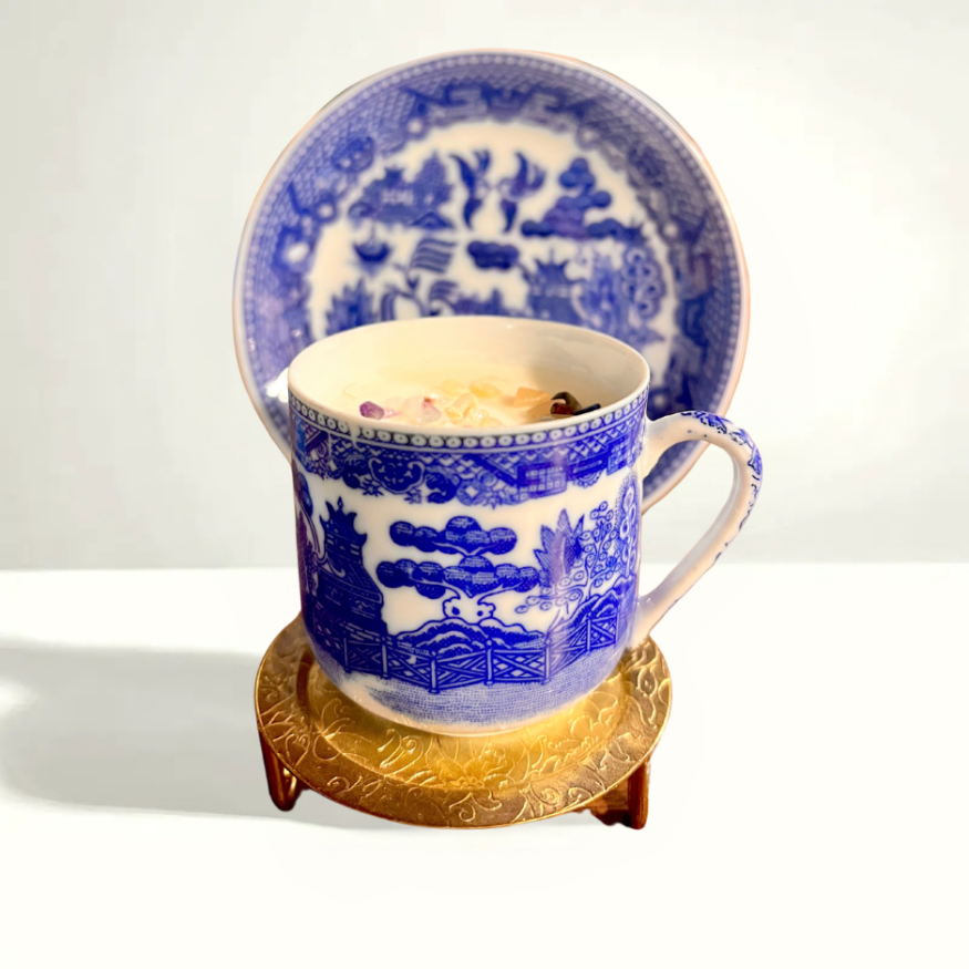 1940s flow blue teacup candle - Japanese cobalt willow with hidden lithophane image