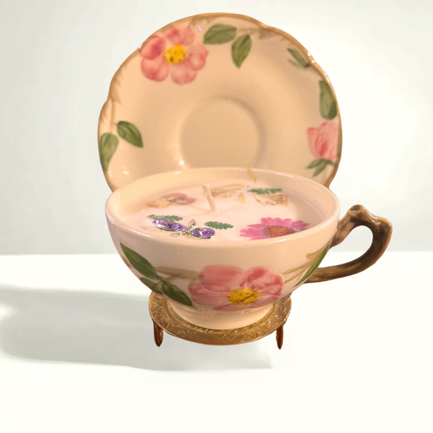 Large Franciscan teacup and saucer set with hand-painted pastel flowers, showcasing classic mid-century American porcelain craftsmanship
