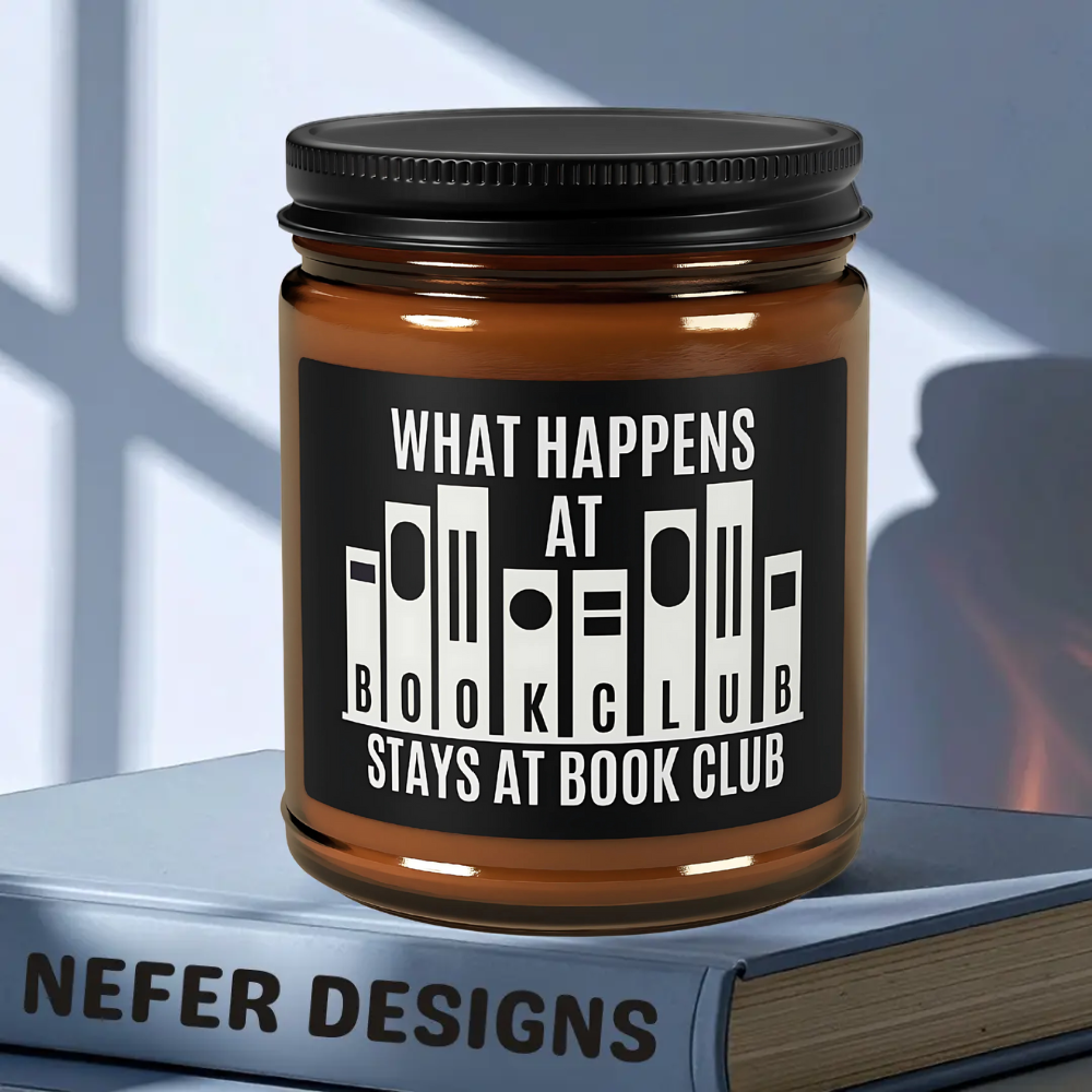 What Happens at Book Club’ scented candle in amber jar - witty literary gift for readers and book clubs by Nefer Designs.