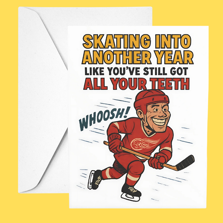 Birthday card with hockey player illustration and humorous text on a yellow background