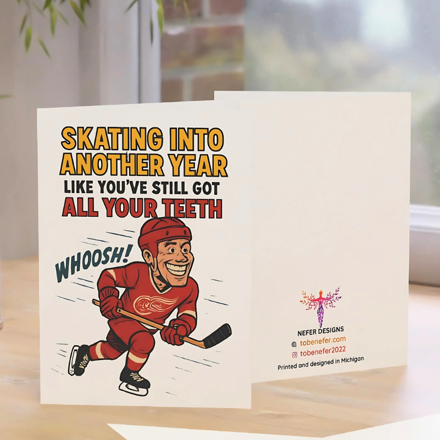 Greeting card with hockey player illustration and humorous text on a white background.