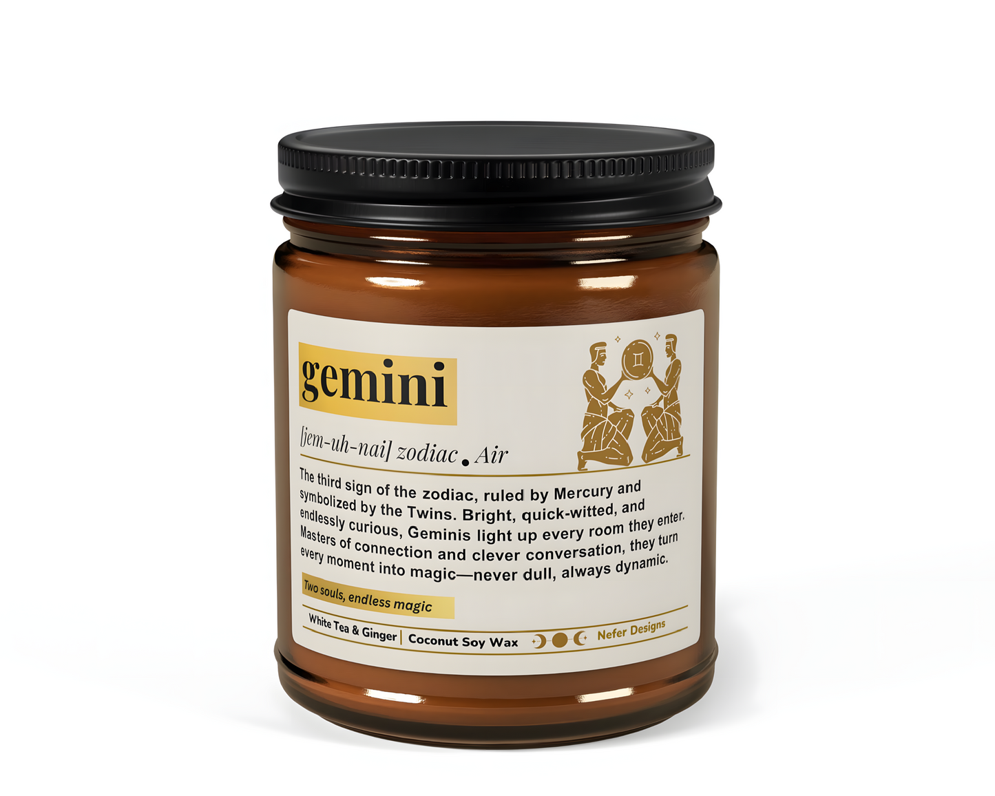 Gemini Zodiac Candle - White Tea & Ginger scented coconut-soy wax candle in amber jar, for curious, dynamic personalities