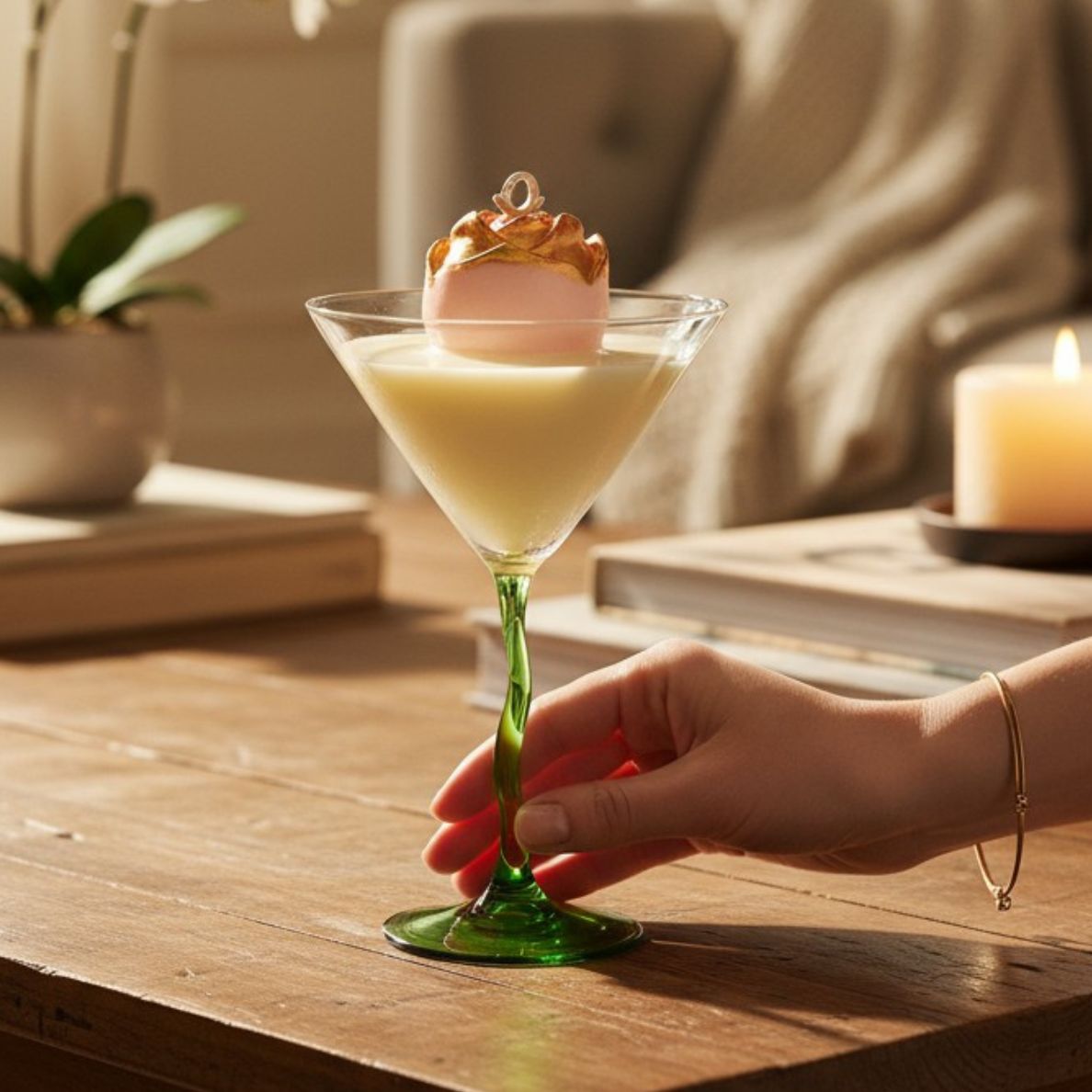 Hand holding the Gilded Rose Martini candle in a cozy, sunlit living room setting with a wooden table, emphasizing the candle's use in elegant home decor.