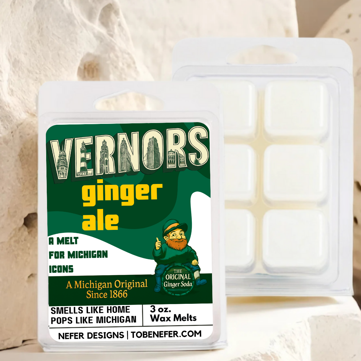 Vernors ginger ale wax melt packaging with green label and white background