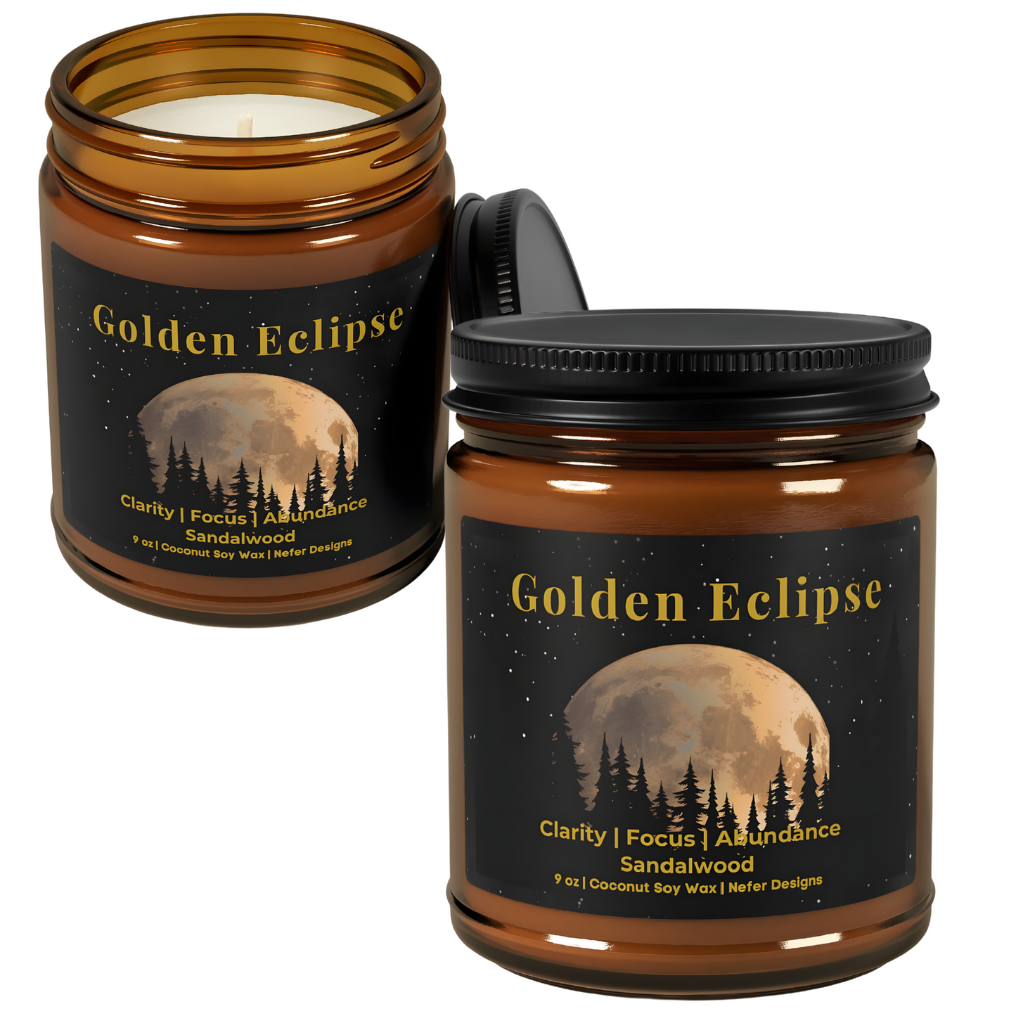 Golden Eclipse candle with sandalwood fragrance, designed for clarity, focus, and abundance. 9 oz natural soy wax candle by Nefer Designs.