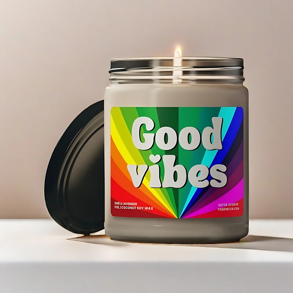 Good Vibes Candle with warm glow, surrounded by peaceful and uplifting elements, symbolizing positivity, inner energy, and relaxation. Customizable scent to enhance manifestation and self-care