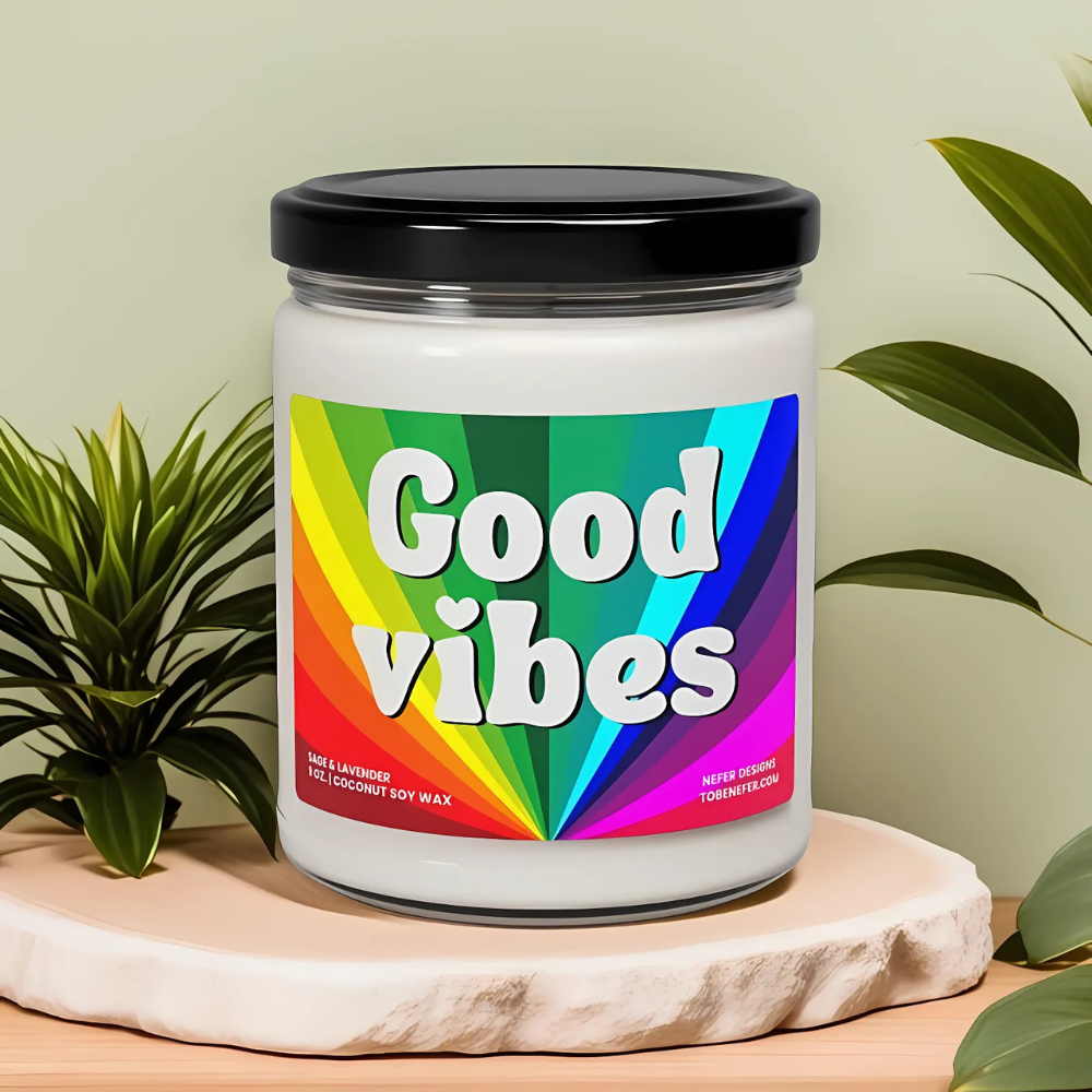 Good Vibes Candle with warm glow, surrounded by peaceful and uplifting elements, symbolizing positivity, inner energy, and relaxation. Customizable scent to enhance manifestation and self-care