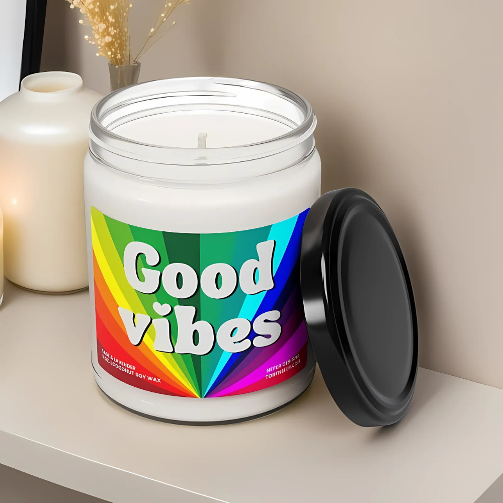 Good Vibes Candle with warm glow, surrounded by peaceful and uplifting elements, symbolizing positivity, inner energy, and relaxation. Customizable scent to enhance manifestation and self-care