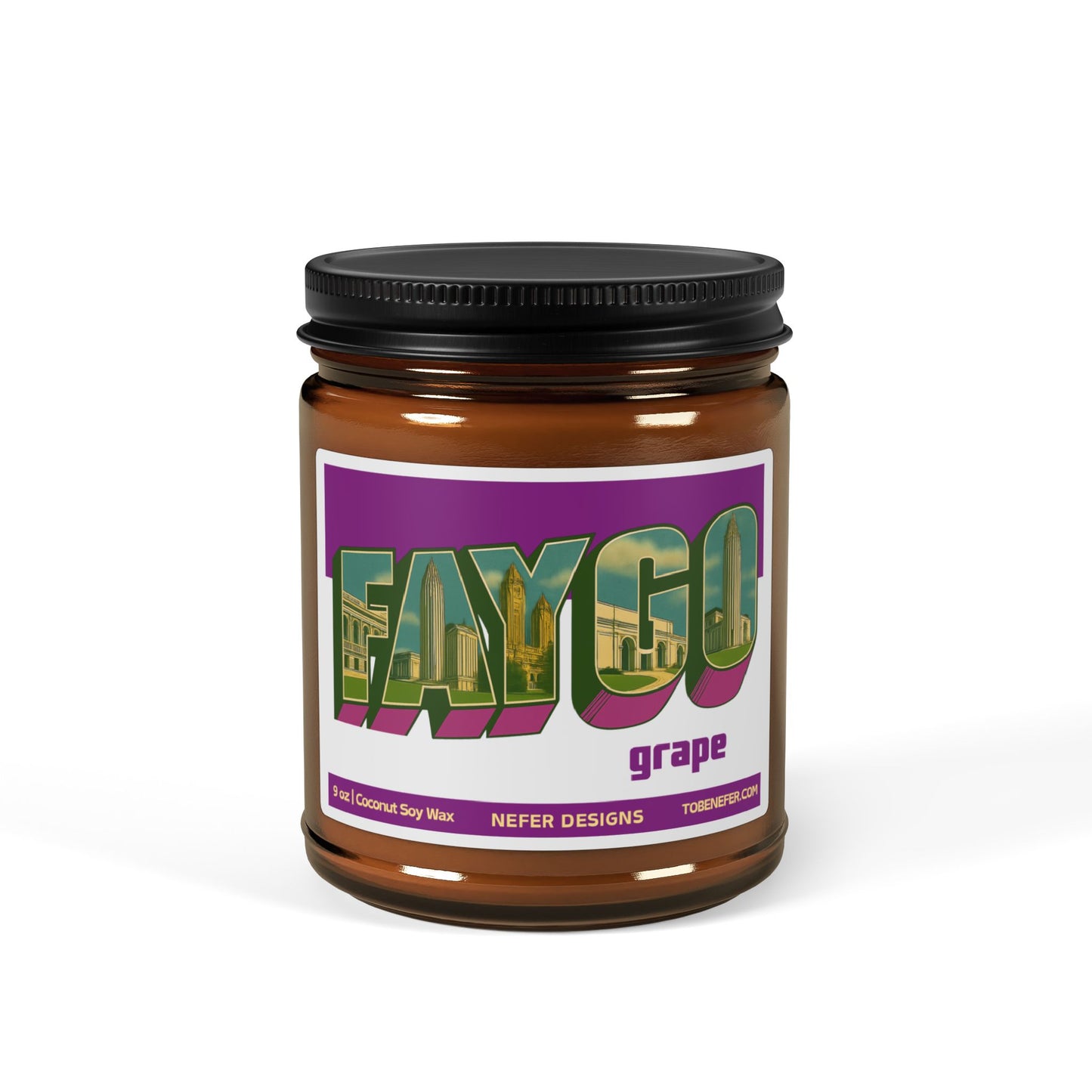 Candle jar with a colorful label on a white background