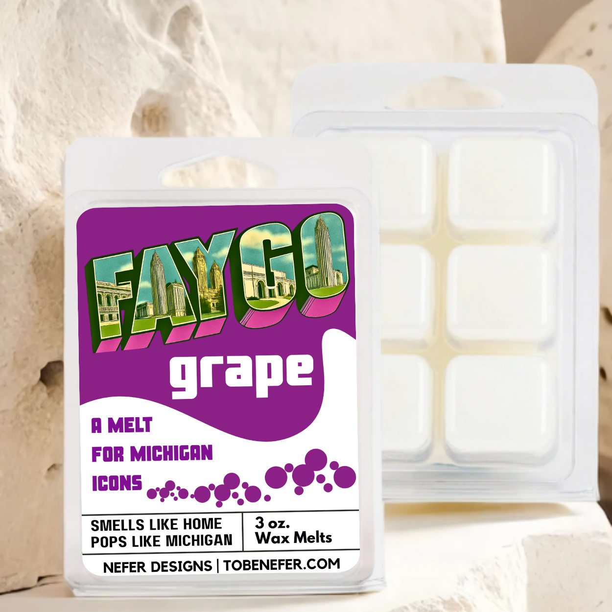 Wax melt packaging with 'Faygo Grape' label on a white background