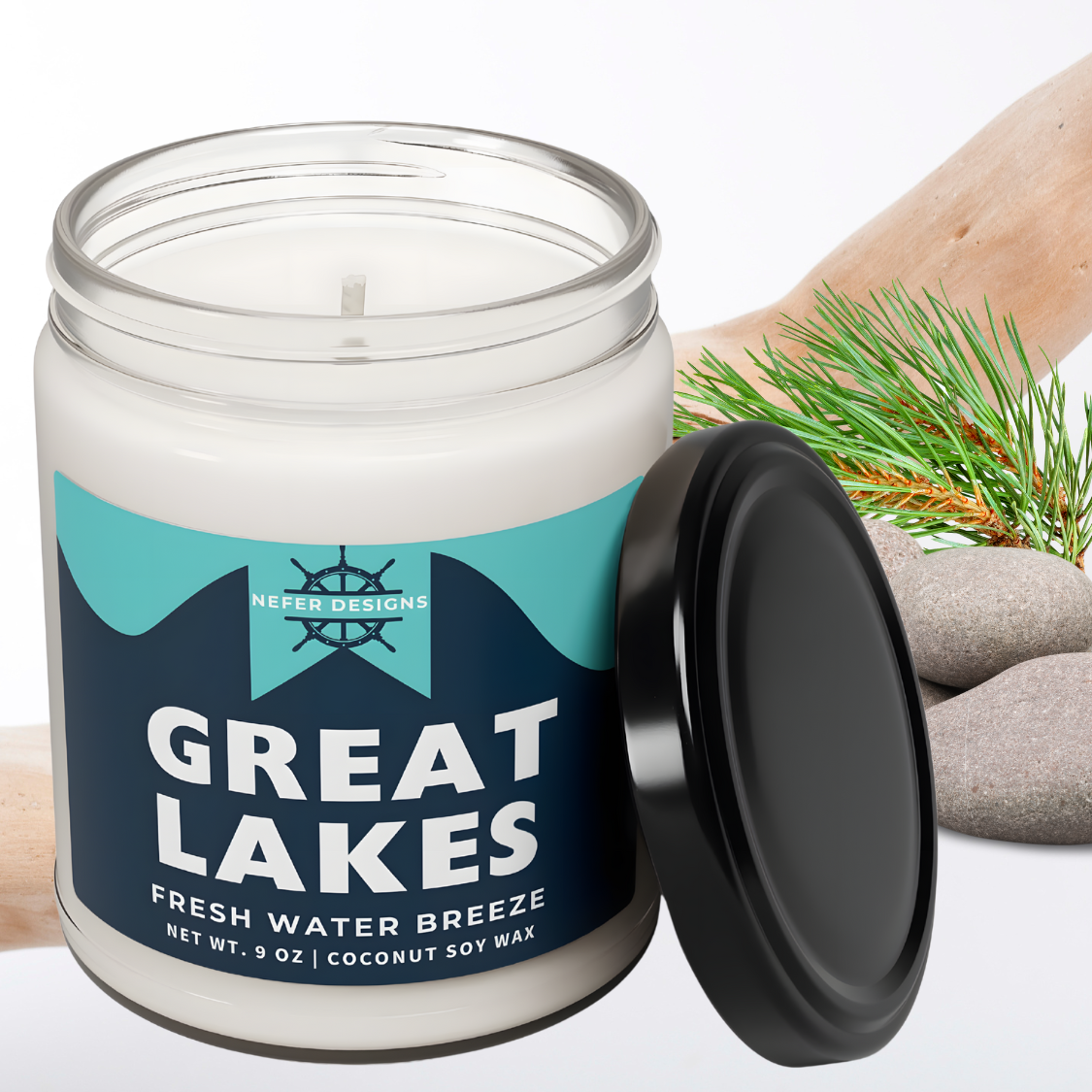 Handmade Great Lakes Freshwater Breeze Candle - 9 oz Natural Coconut Soy Wax in Minimalist Clear Jar with Black Lid