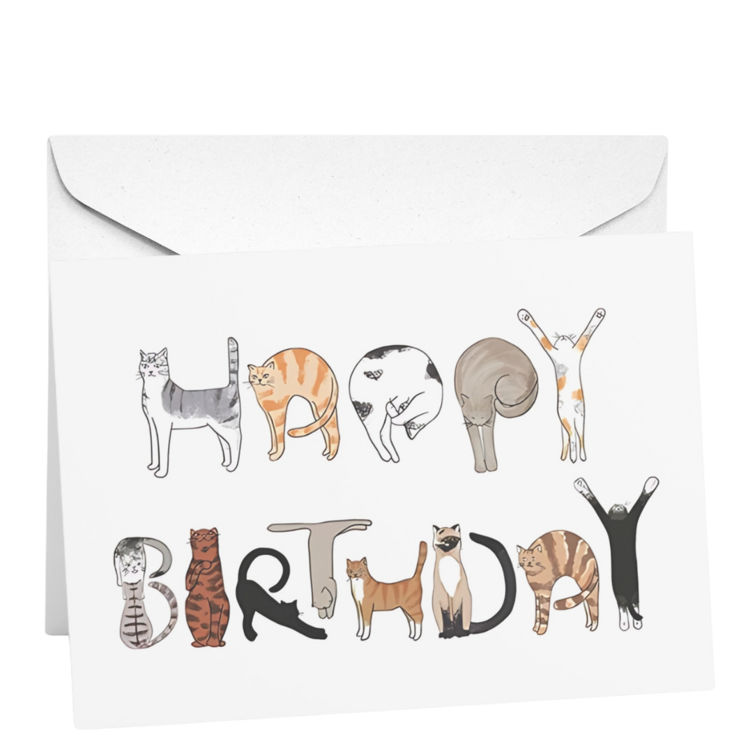 Birthday card with cats in various poses and the word 'BIRTHDAY' spelled out.