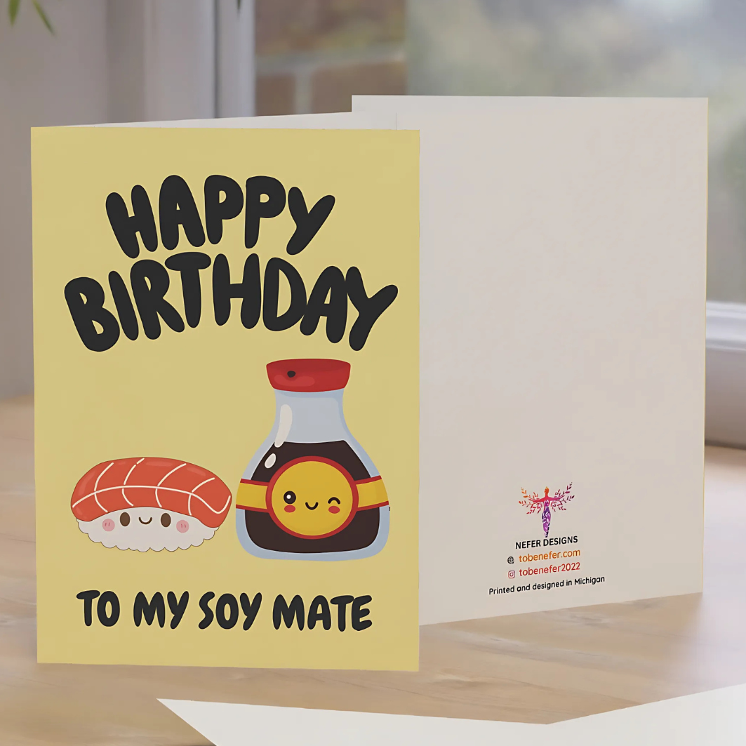 Birthday card with cartoon sushi and soy sauce bottle on a yellow background