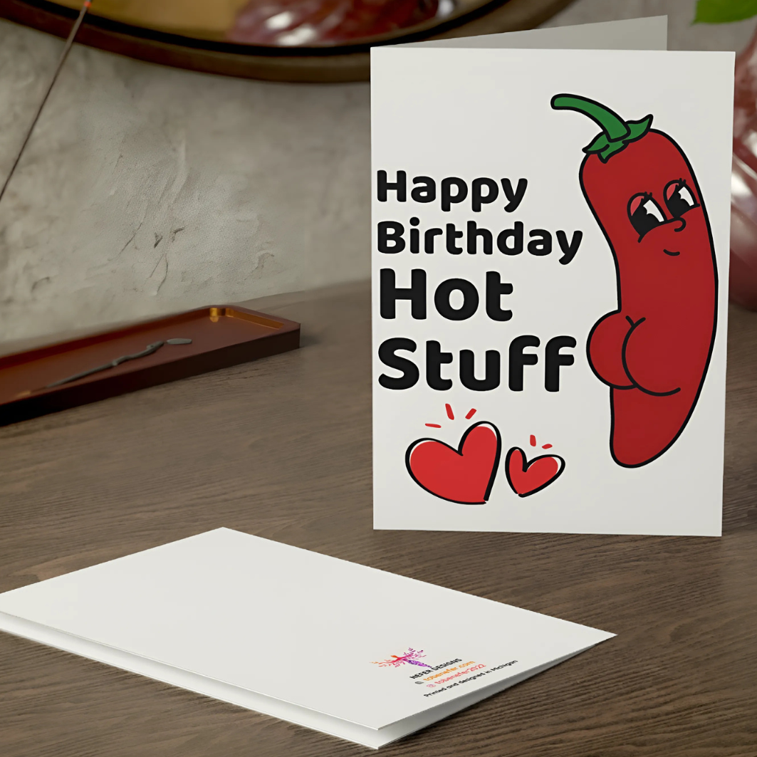 Birthday card with cartoon red pepper and text 'Happy Birthday Hot Stuff' on a wooden surface.