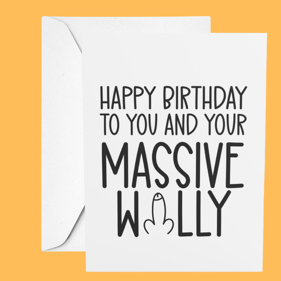 Birthday card with humorous text on a yellow background