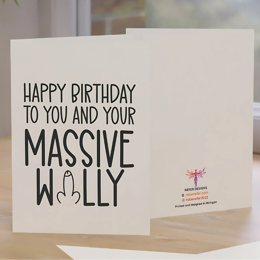 Birthday card with humorous text on a plain background
