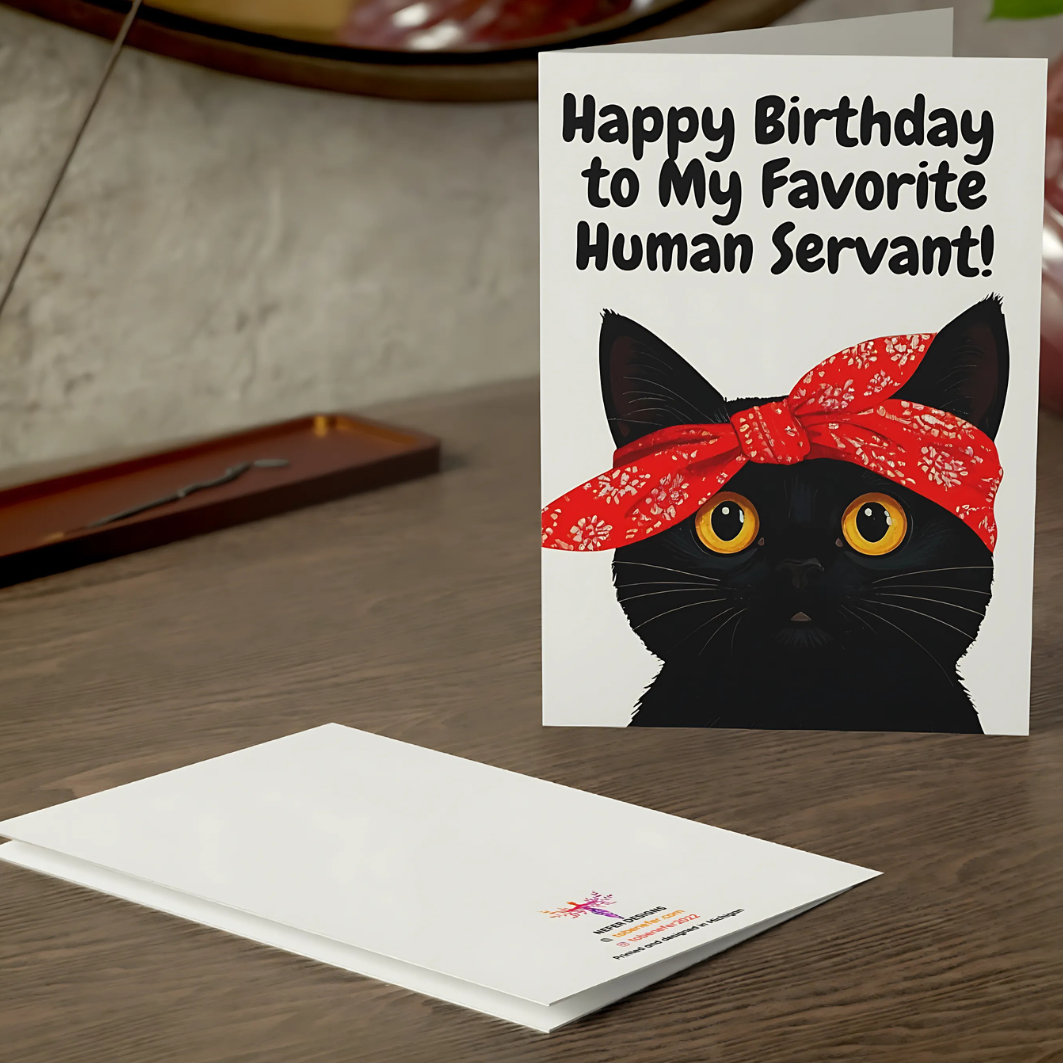 Birthday card with a black cat wearing a red bandana and text 'Happy Birthday to My Favorite Human Servant!' on a wooden surface.