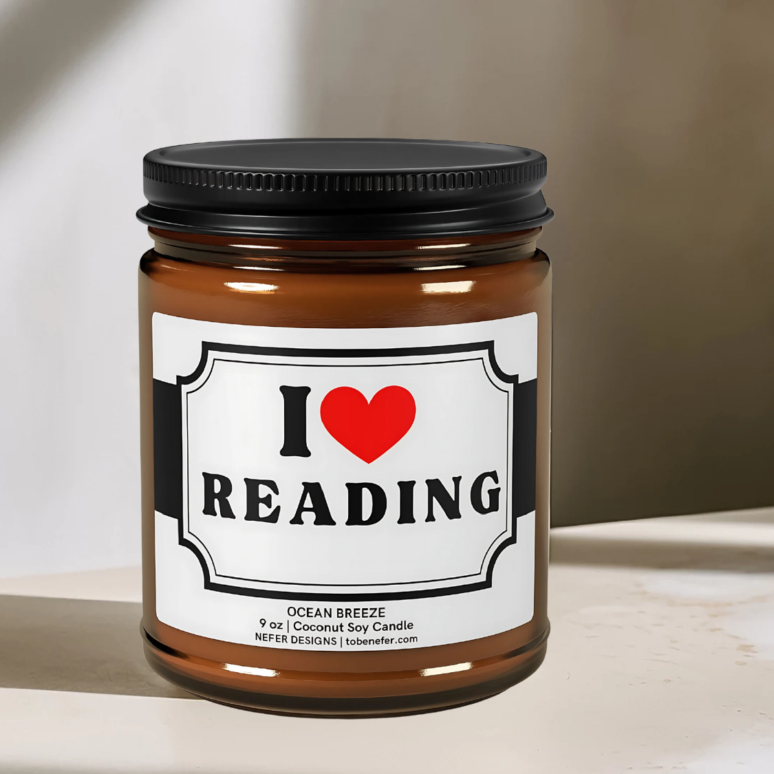 Book lover's candle in amber jar - Ocean Breeze coconut soy wax with 'I Love READING' label
