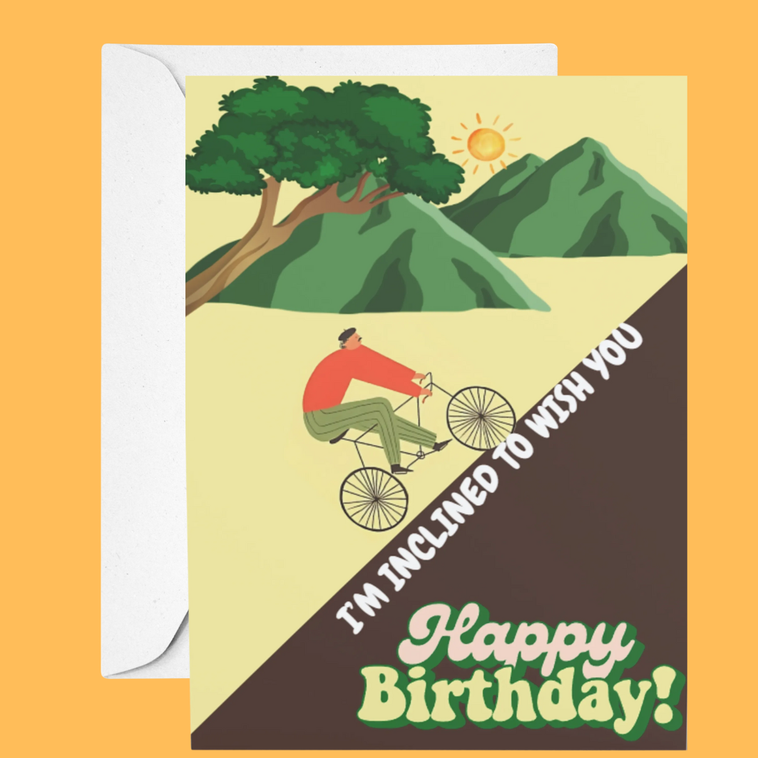 Birthday card with a cyclist and scenic design on an orange background