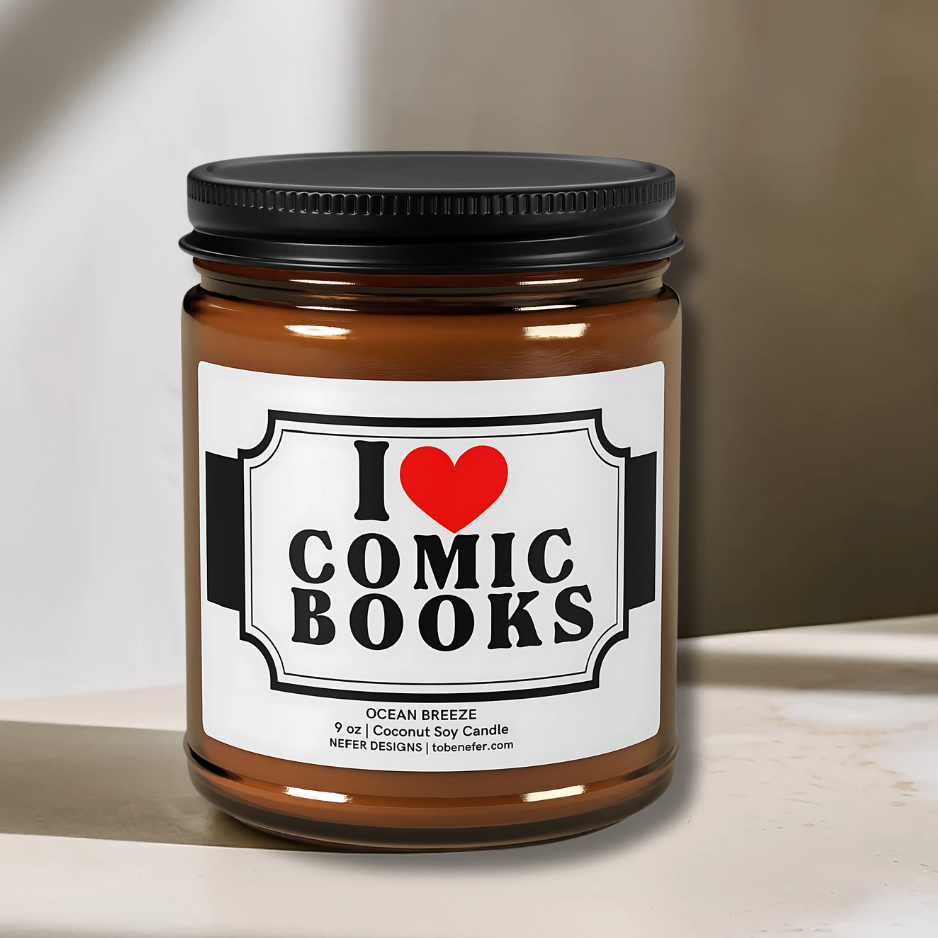 Amber candle glowing in a cozy comic book reading corner – a must-have accessory for any DC Comics enthusiast’s reading nook.