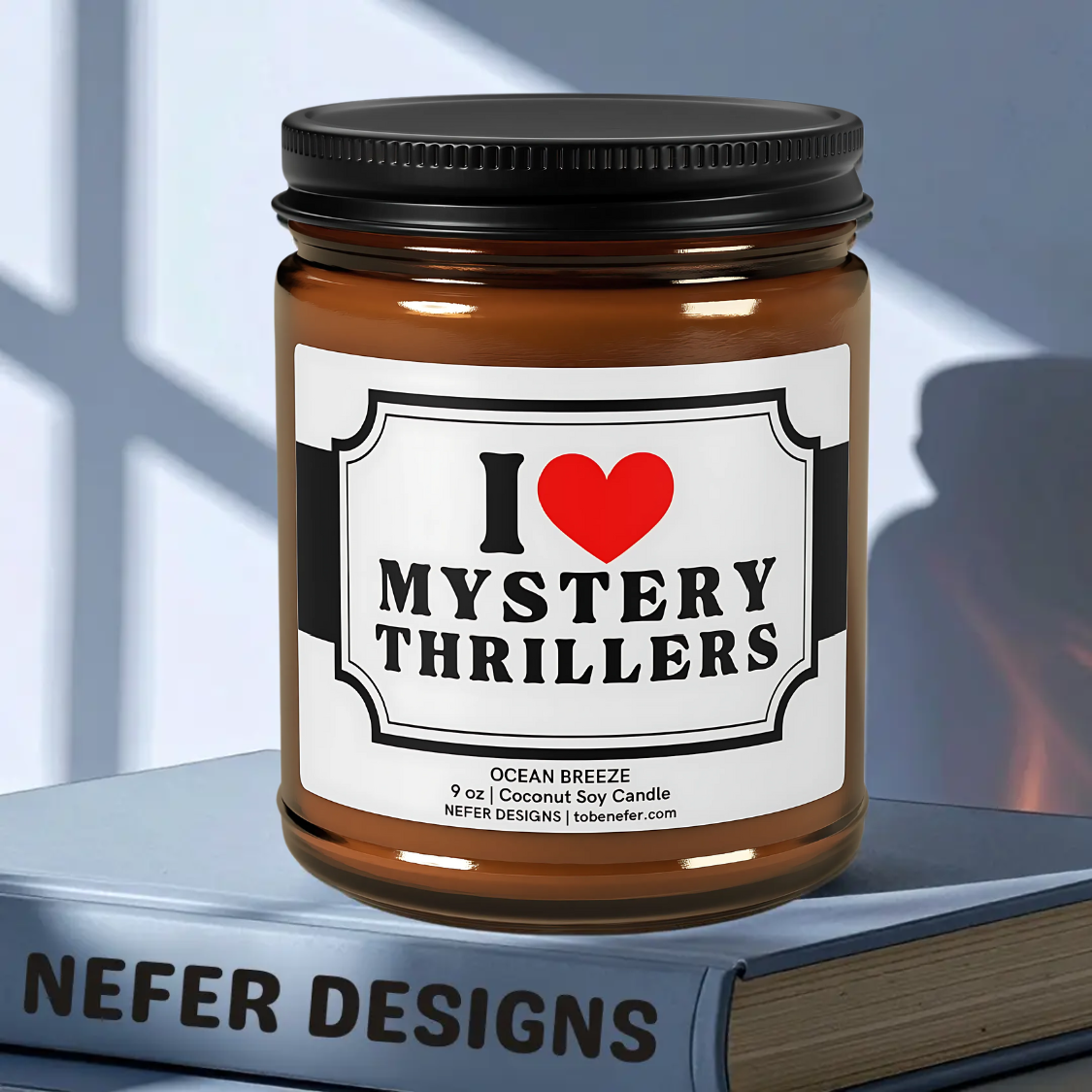 Natural coconut soy wax Mystery Thriller candle with cotton wick, emphasizing crackling sound and vanilla-amber scent notes