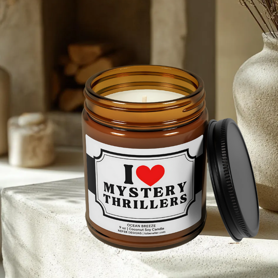 Mystery Thriller Scented Candle - Sleek maber jar with 'I Love Mystery Thrillers' label located next to the fire place.