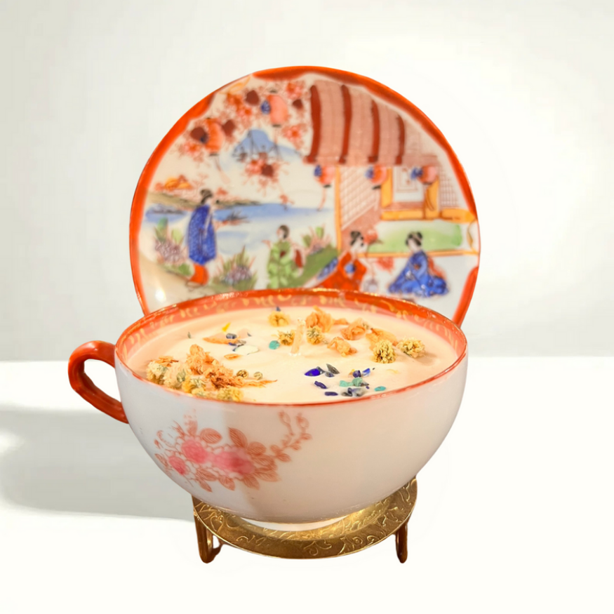 1940s Kutani geisha teacup candle - Hand-painted Japanese porcelain with vibrant designs, reusable collectible in lemongrass scent
