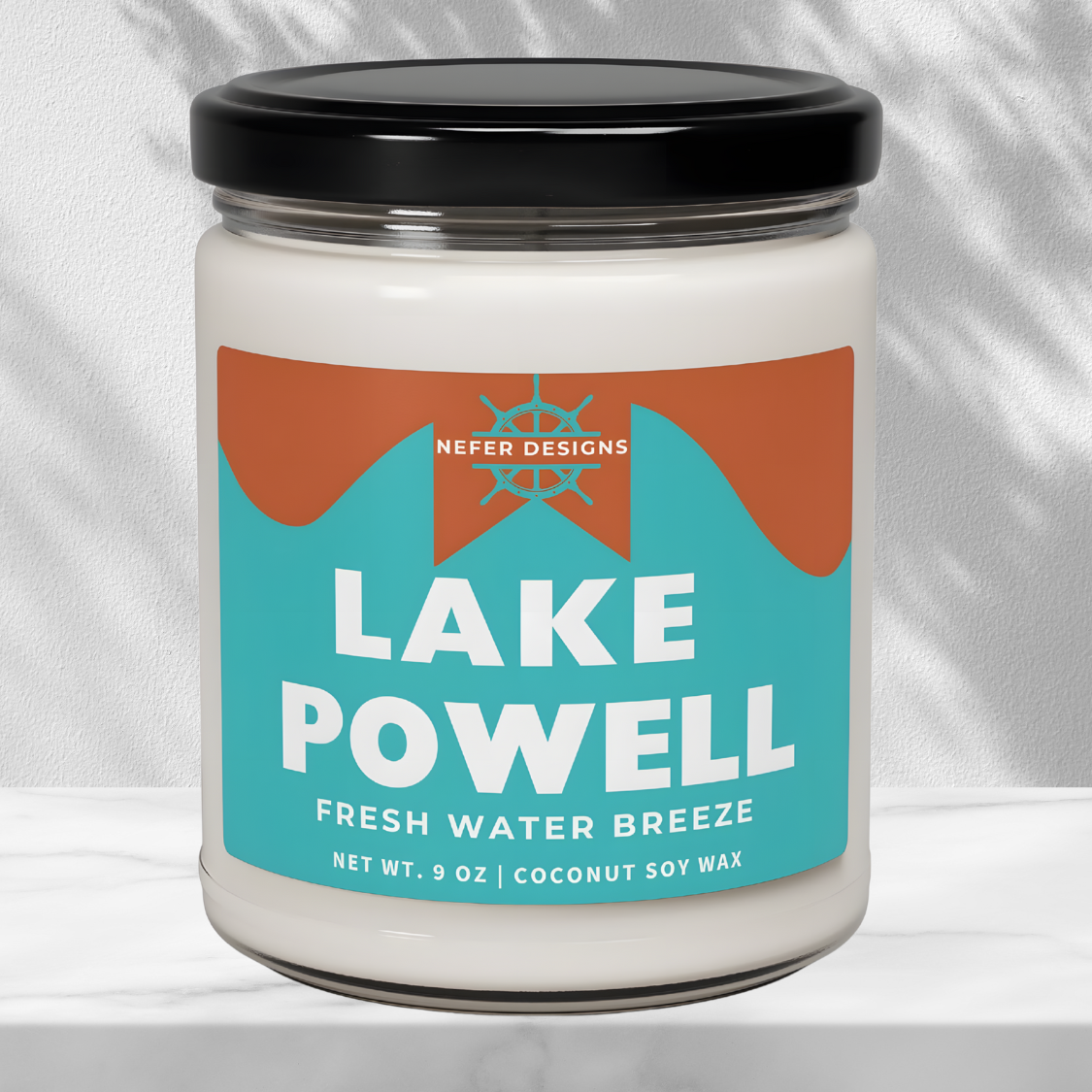 Nefer Designs' Lake Powell candle, highlighting its fresh, aquatic aroma and sustainable coconut soy wax formula (9 oz).