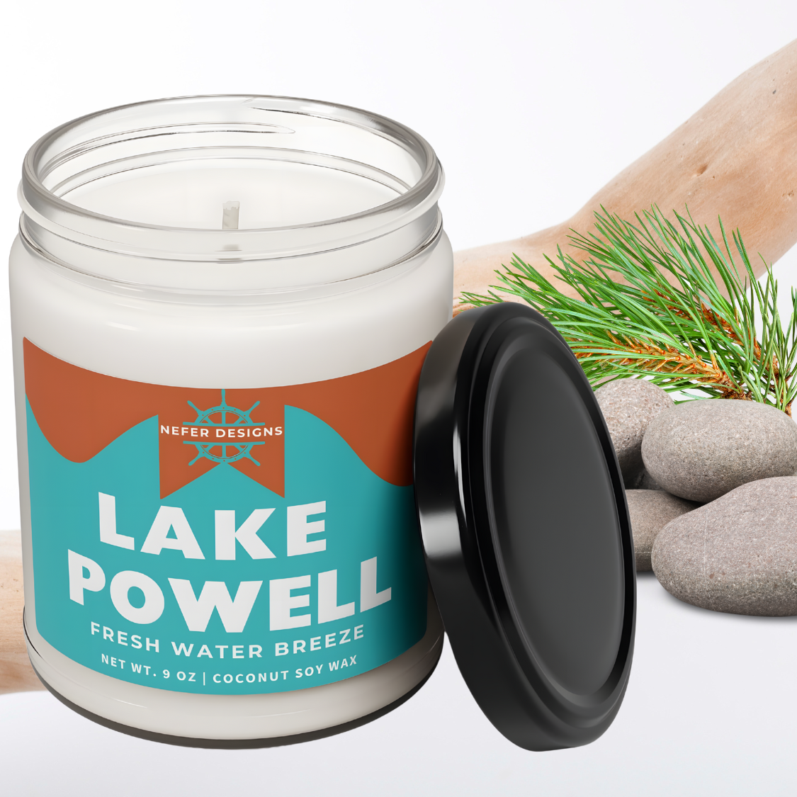 Nefer Designs Lake Powell candle with 'Fresh Water Breeze' labeling, featuring a vertical layout and details about its 9 oz coconut soy wax blend