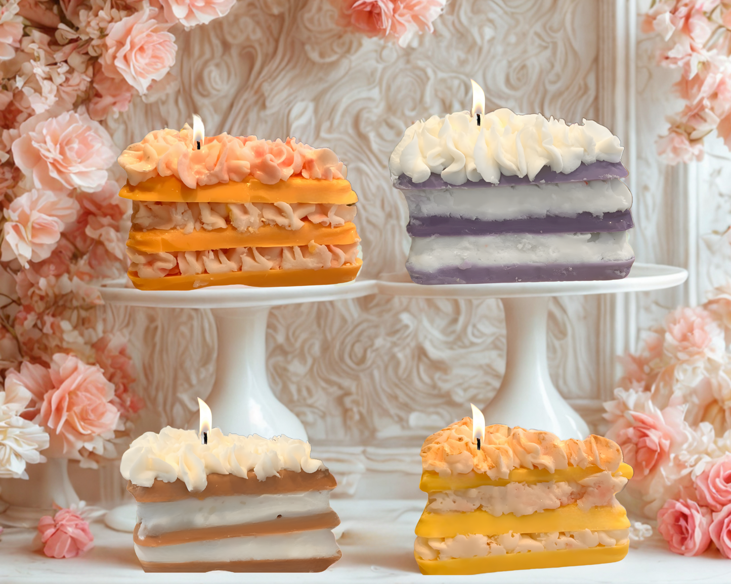 Butter Orange, Lavender Coconut, Coffee Chocolate, and Lemon Cake Slice Candle - realistic handmade soy wax candle shaped like a frosted citrus dessert, with textured sponge layers and creamy vanilla glaze. Vegan, long-lasting bakery scent for home decor or gifting.