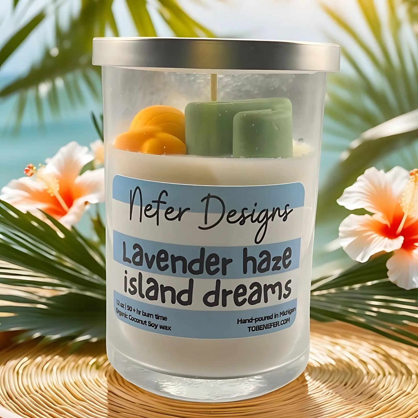 A hand-poured Lavender Haze & Island Dreams soy candle in an elegant jar, evoking a tranquil escape with soothing lavender and refreshing ocean breeze scents.