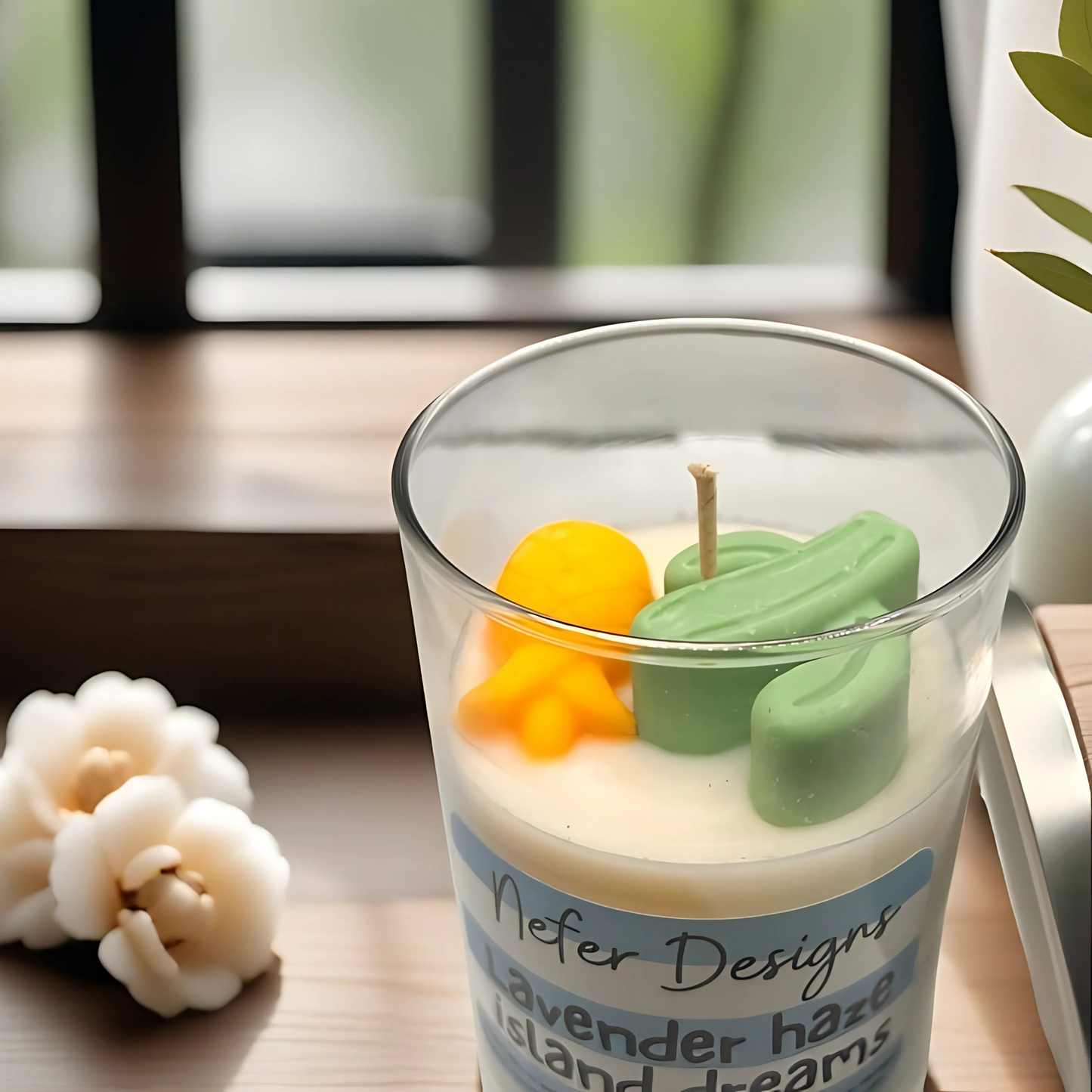 A hand-poured Lavender Haze & Island Dreams soy candle in an elegant jar, evoking a tranquil escape with soothing lavender and refreshing ocean breeze scents.